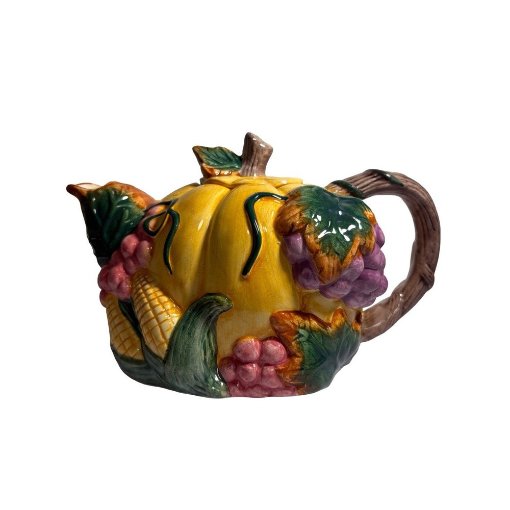 Vintage Ceramic Thanksgiving Banquet Teapot with Lid Grapes Leaves Corn Pumpkin - Picture 4 of 12